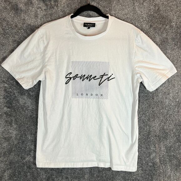 SONNETI LONDON Shirt Mens Large White Logo Spellout Tshirt Short Sleeve Comfort - Picture 1 of 7